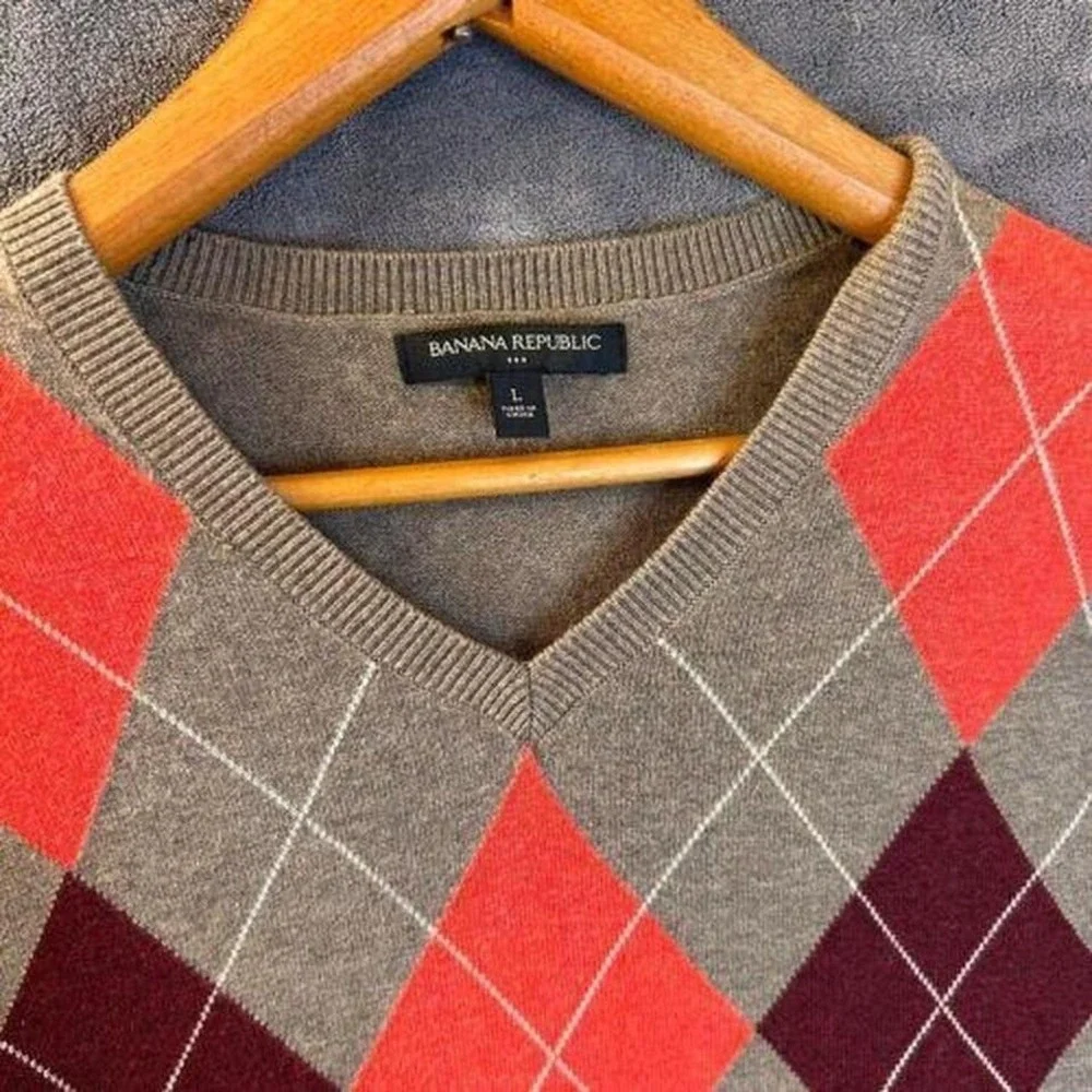 Banana Republic Mens‎ Large Argyle V-Neck Sweater Grey Orange Burgundy
